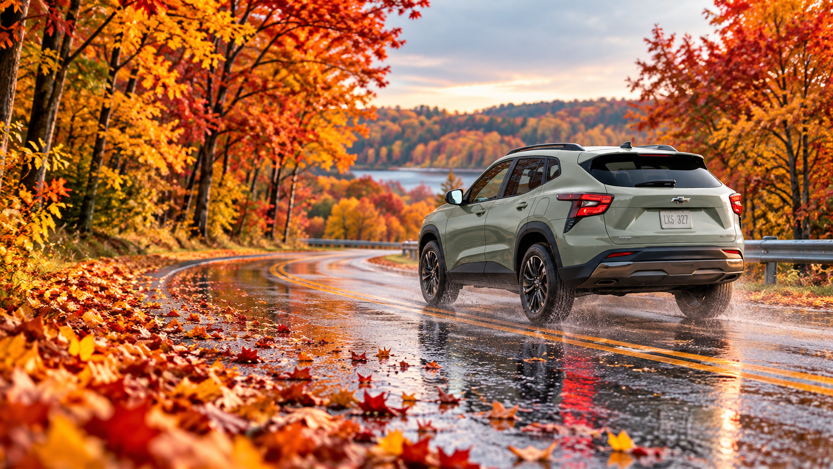 Chevrolet SUV driving on a wet autumn road