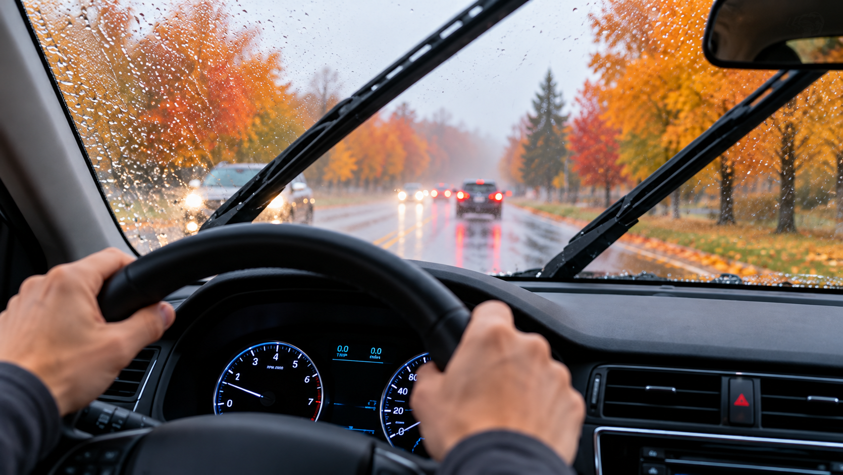 Driving on a rainy road surrounded by fall leaves