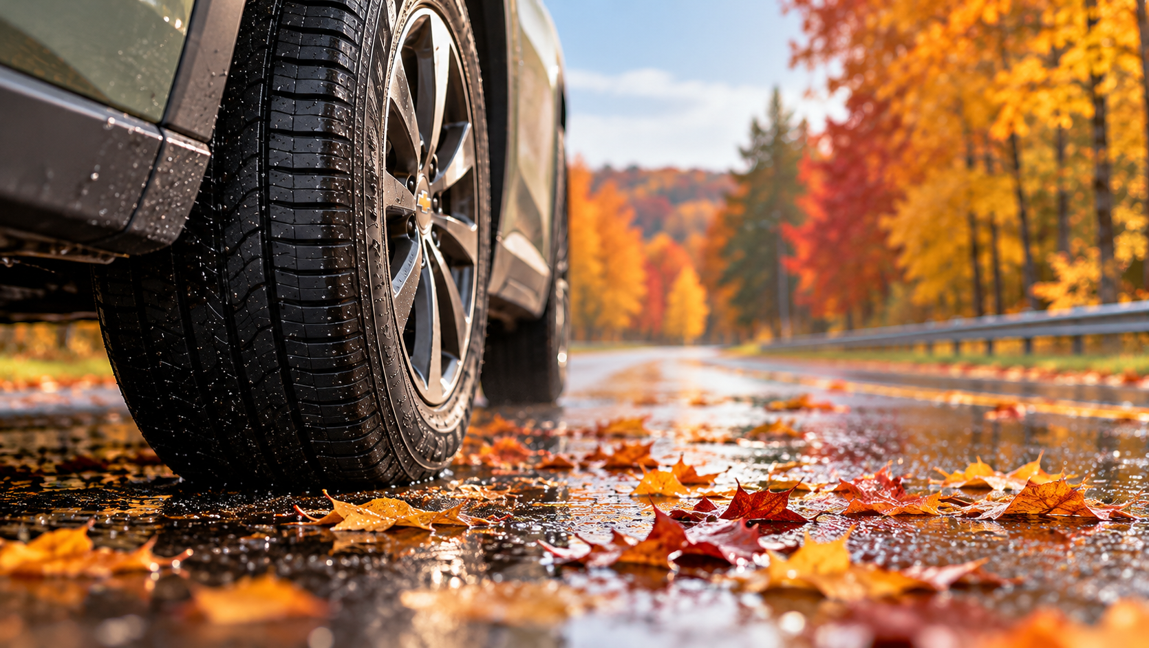 Chevrolet tire on a wet road covered with fall leaves